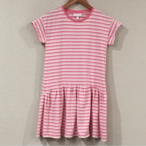 Rockets of Awesome Girl Sz 12 Stripe Pink & White Dress 100% Cotton Drop Waist - Picture 1 of 11